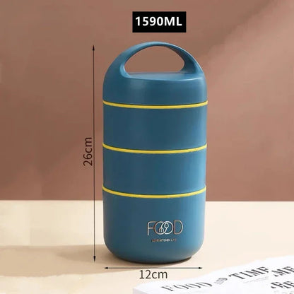 1590ml stainless steel lunch box with blue body and three yellow bands; leak-proof multi-layer bento for adults and students, FOOD logo on Tampa Home & Garden Store