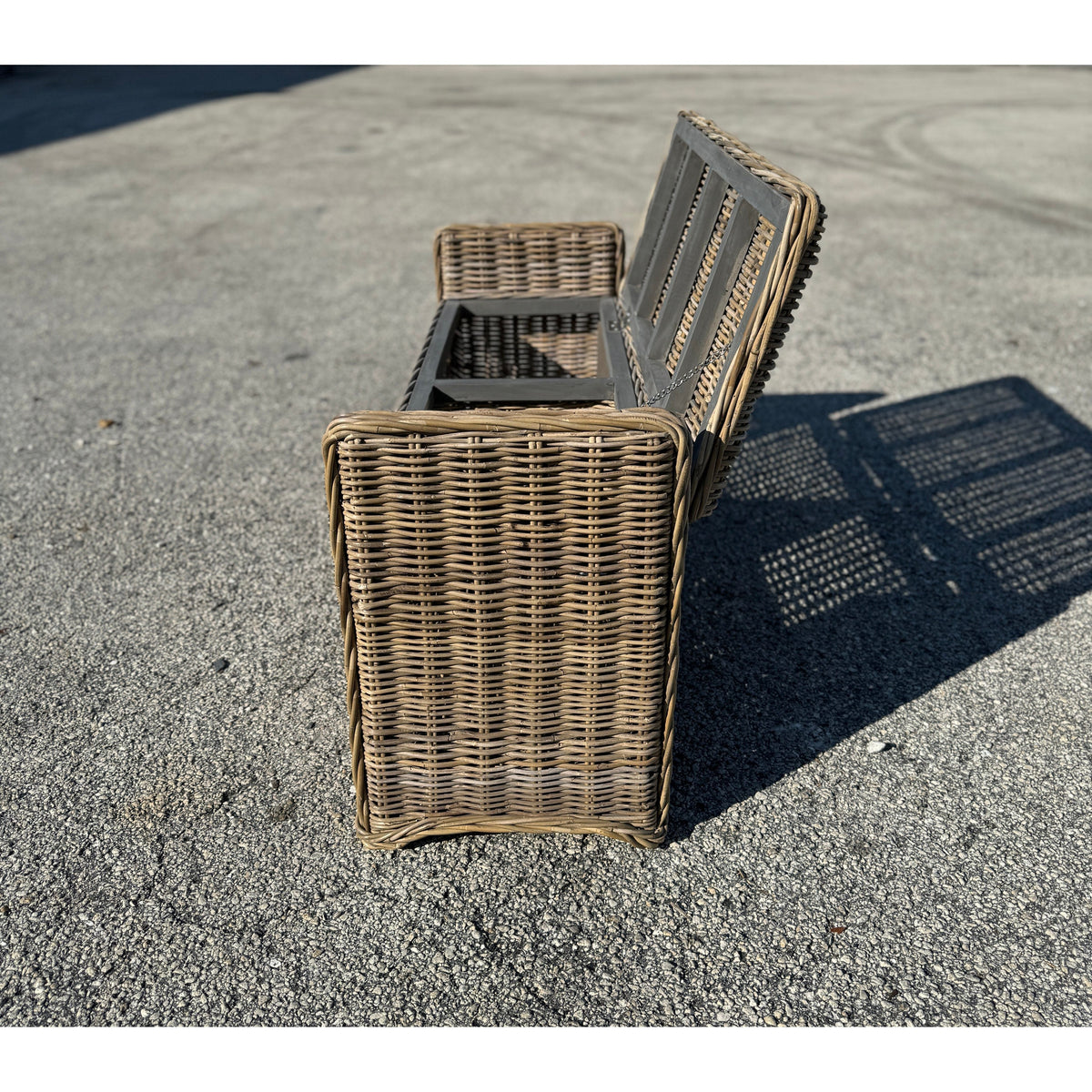 Key Largo rattan storage bench in natural tan with gray-washed frame; 2-piece set on Tampa Home & Garden Store