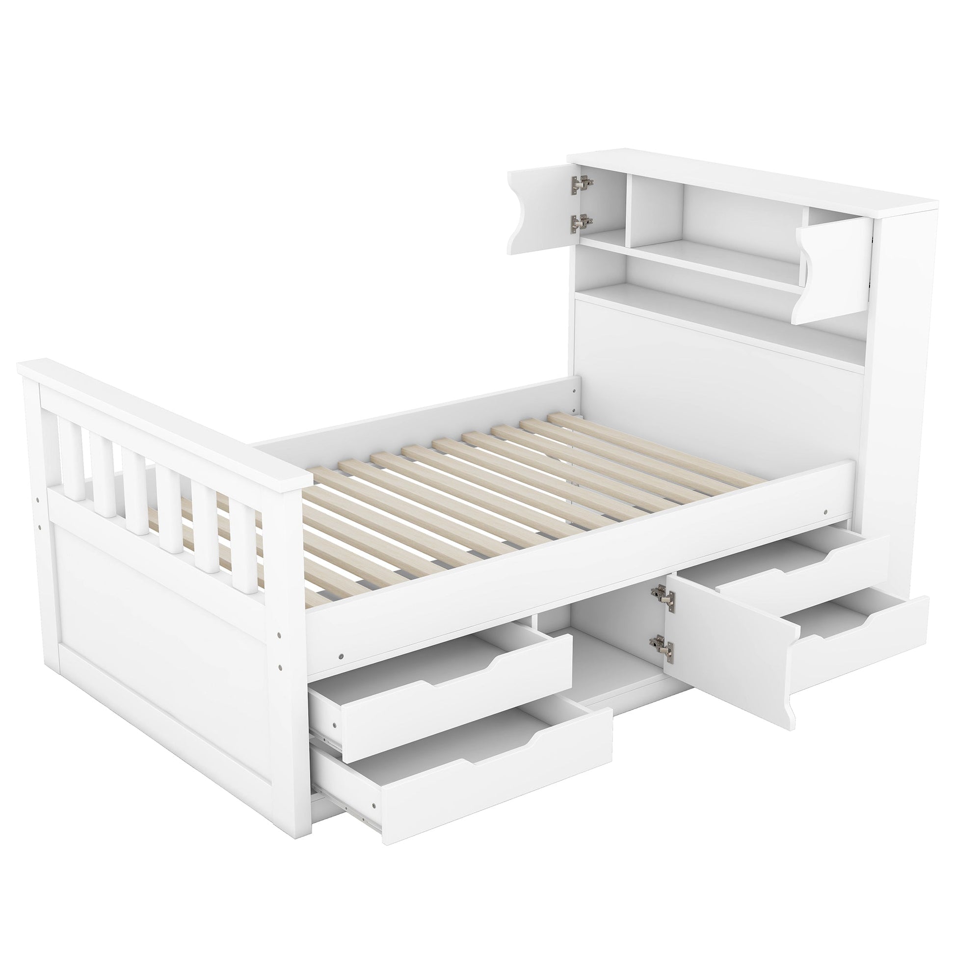 Twin Size Captain Platform Bed Frame with Storage Bookcases and Shelves,Four Drawers,White - Tampa Home & Garden Store