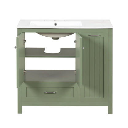36 inch bathroom vanity with sink, one double door cabinet one large drawer and one flip drawer solid wood and MDF board, green