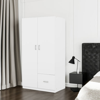 Wooden Wardrobe with Double Doors, Armoire with Hanging Rod, 5 Fixed Shelves, One Storage Drawer,White