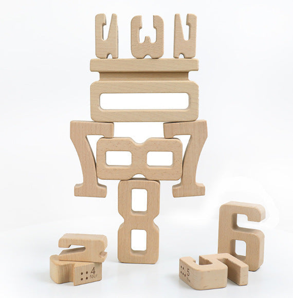Montessori wooden building blocks set arranged into a robot-like figure; natural wood finish on Tampa Home & Garden Store
