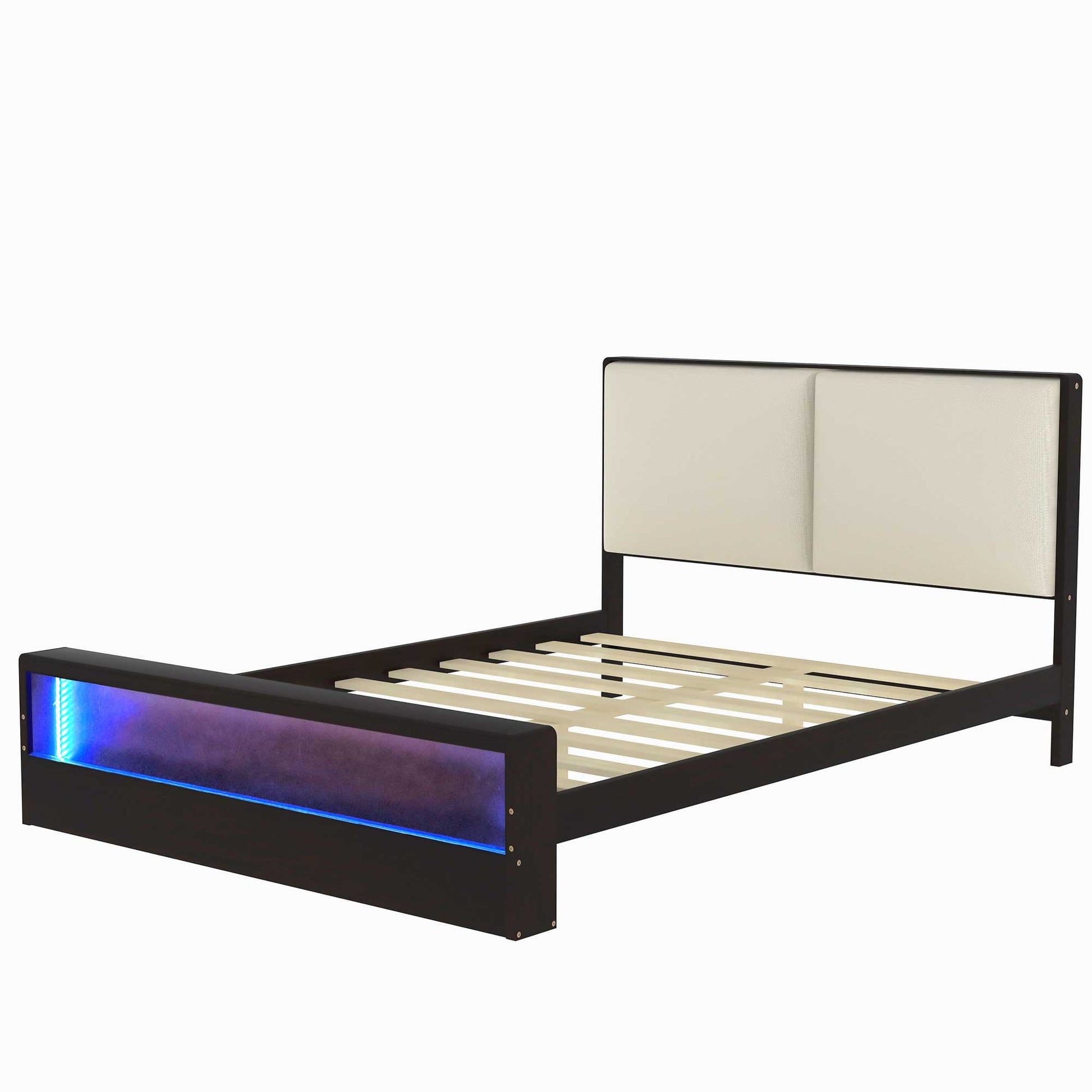 Queen Size Platform Bed Frame with Upholstery Headboard and Bookshelf in Footboard and LED Light Strips, Espresso - Tampa Home & Garden Store