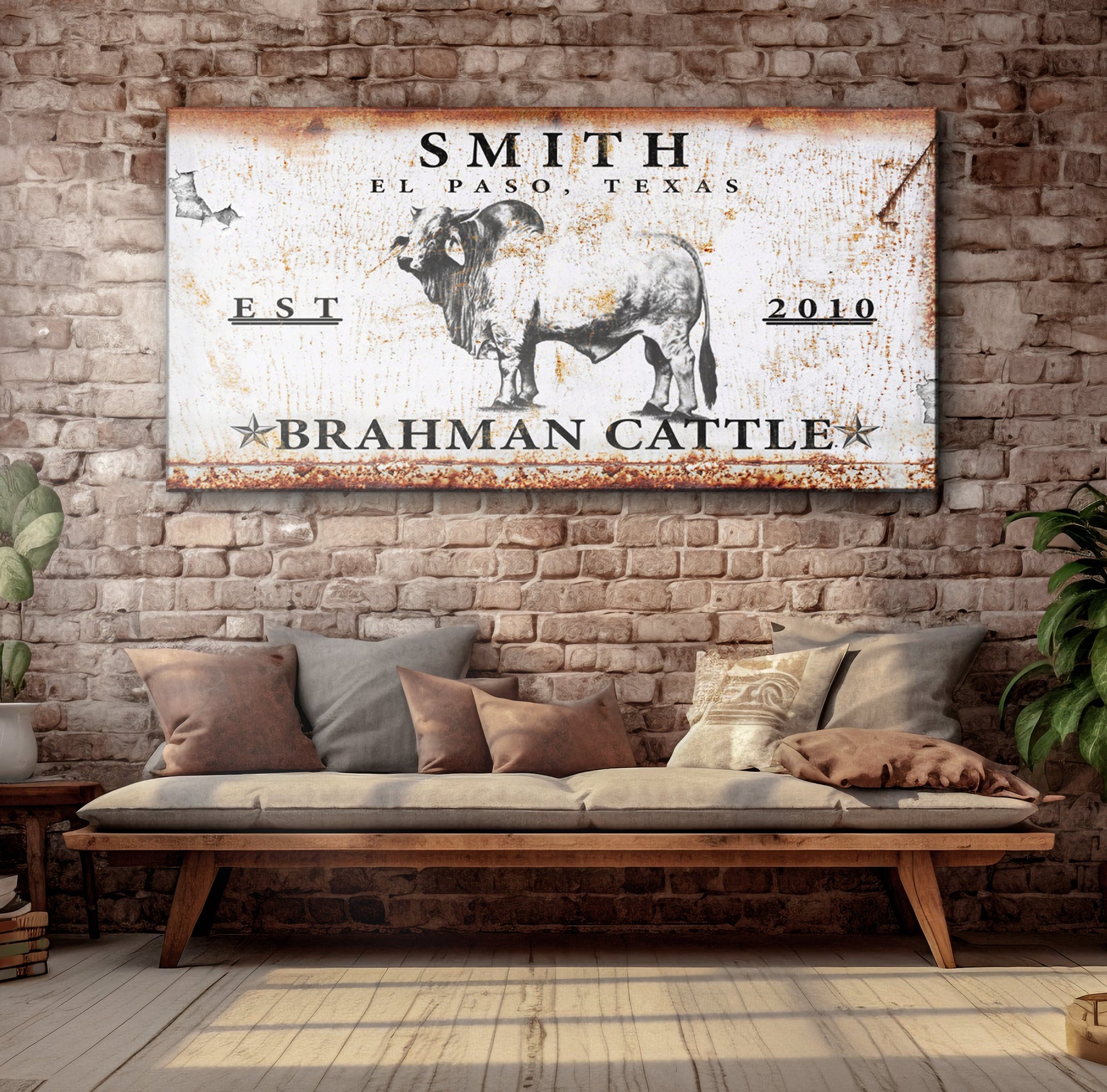Brahman Cattle Sign canvas by Tailored Canvases, distressed white with rust accents and cattle on Tampa Home & Garden Store