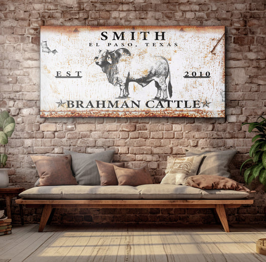 Brahman Cattle Sign canvas by Tailored Canvases, distressed white with rust accents and cattle on Tampa Home & Garden Store