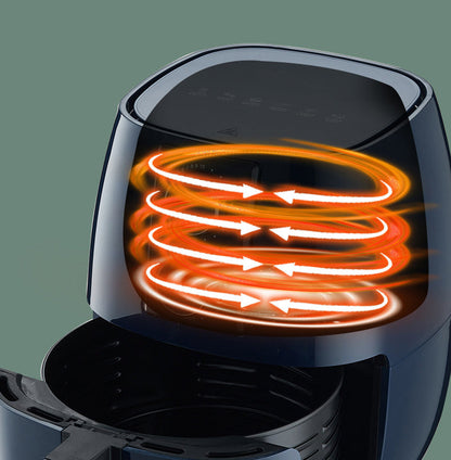 Blue exterior visual air fryer with 6L capacity and glowing spiral heating coils on Tampa Home & Garden Store