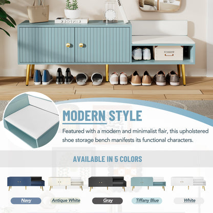 Modern Shoe Storage Bench with Hidden Storage and Upholstered Cushions for Bedside, Living Room and Entryway (Tiffany Blue)