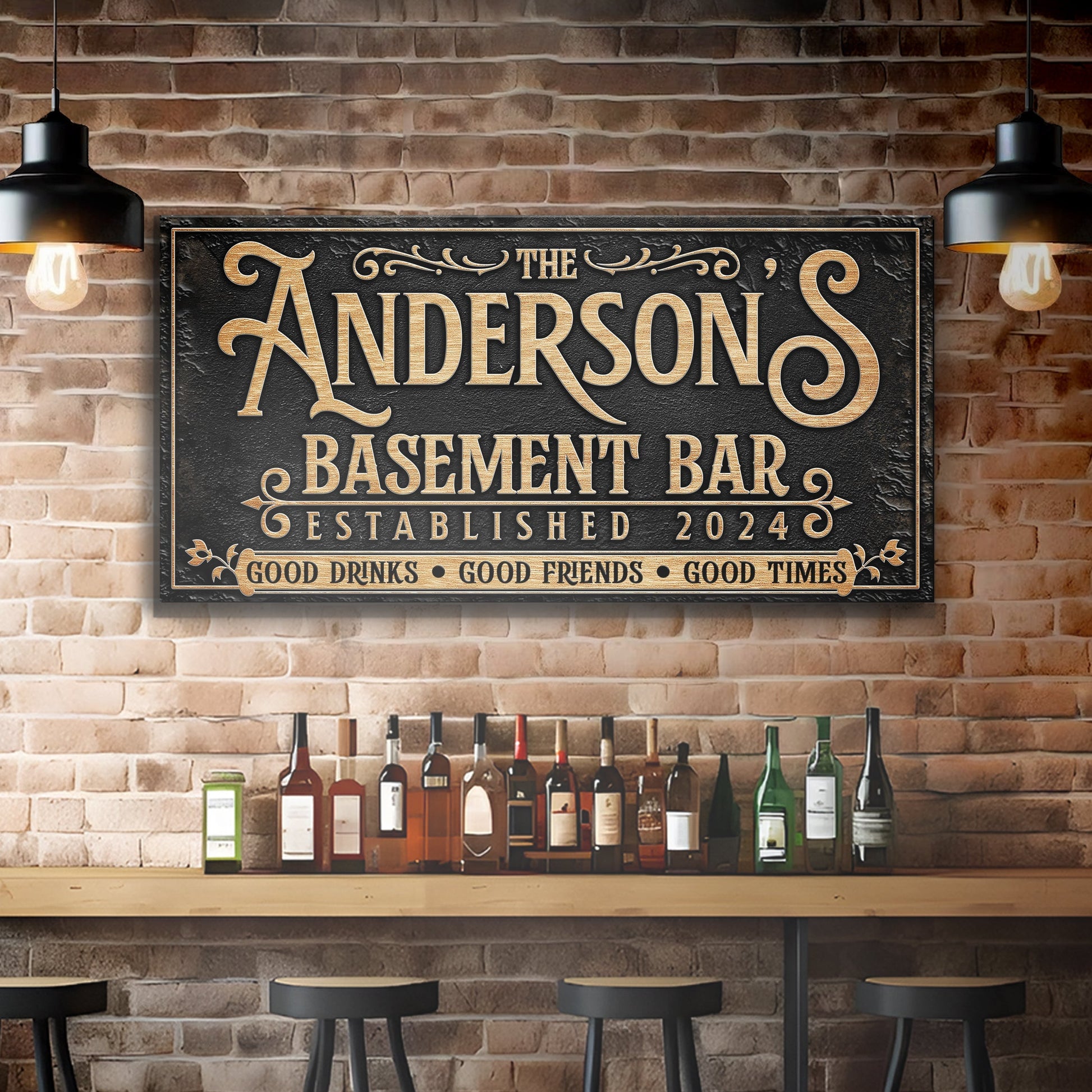Custom Basement Bar Sign III canvas with ornate gold lettering on black textured surface on Tampa Home & Garden Store