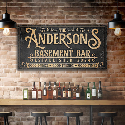 Custom Basement Bar Sign III canvas with ornate gold lettering on black textured surface on Tampa Home & Garden Store
