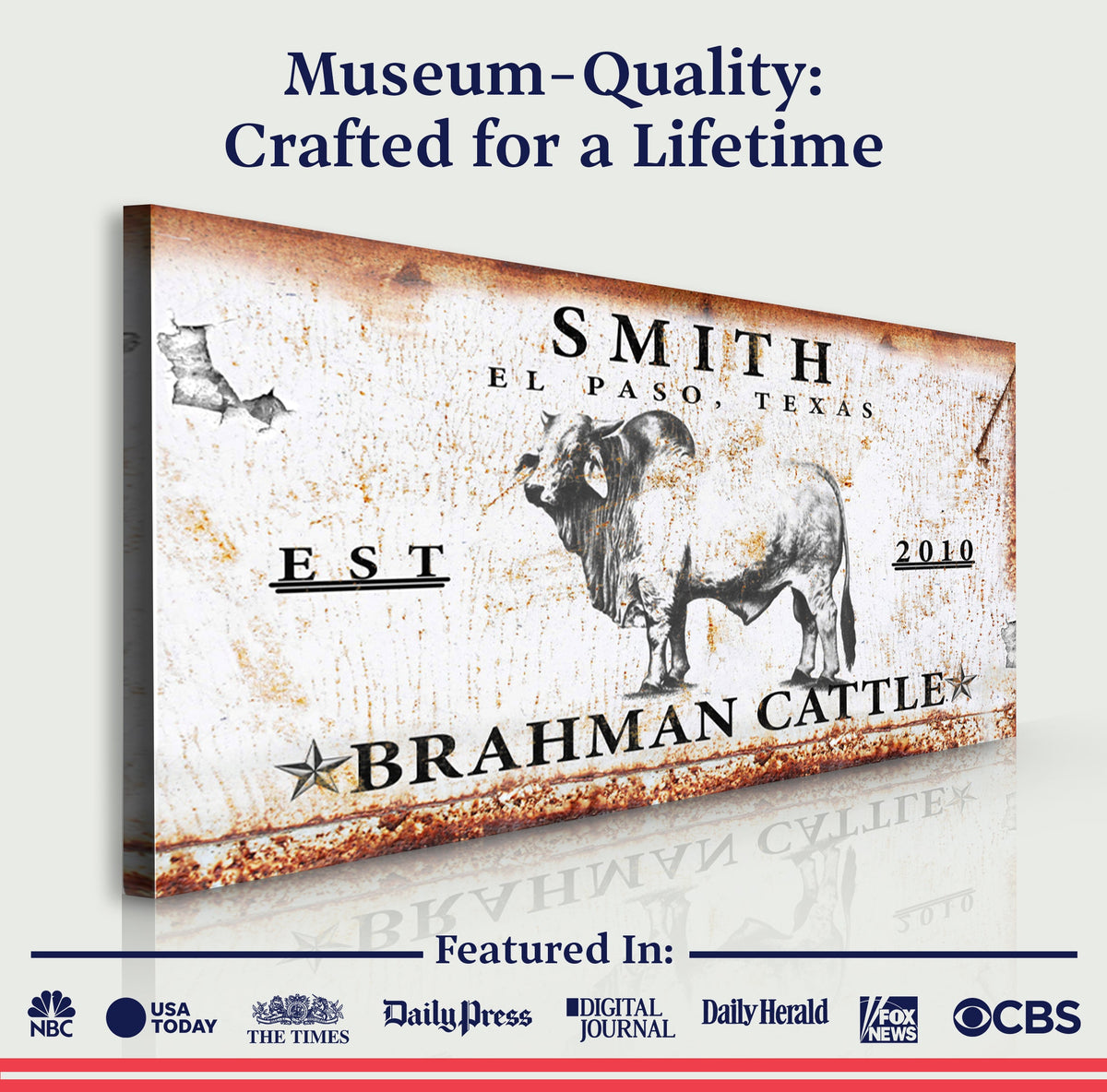 Brahman Cattle Sign canvas by Tailored Canvases; vintage rusted print with Brahman cattle on Tampa Home & Garden Store