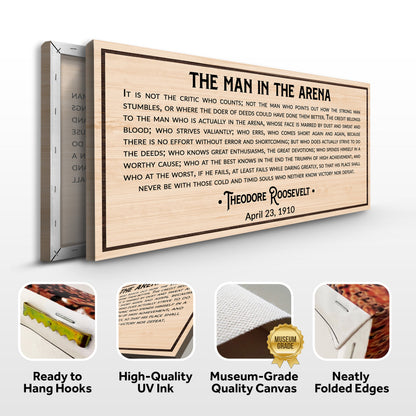 Canvas The Man In The Arena Sign IV by Tailored Canvases, wood-grain panel with black typography on Tampa Home & Garden Store