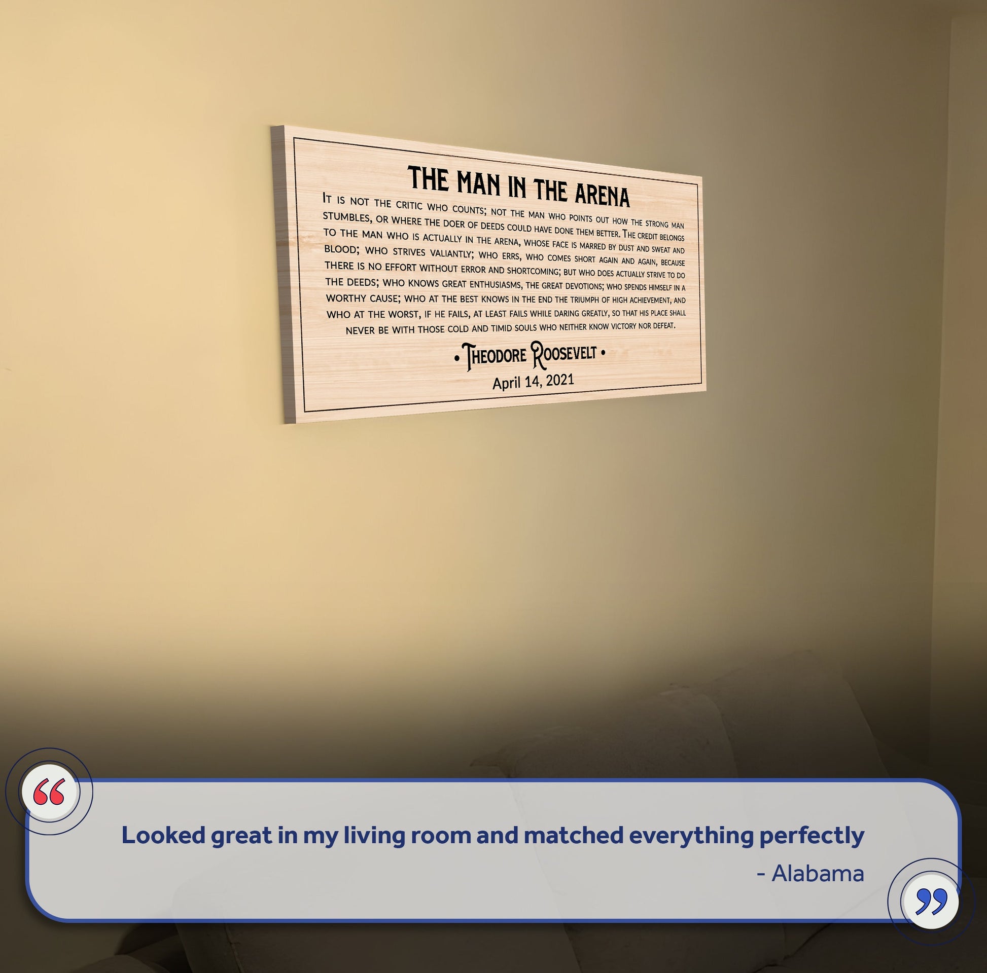 The Man In The Arena Sign IV craft canvas by Tailored Canvases, beige woodgrain background on Tampa Home & Garden Store