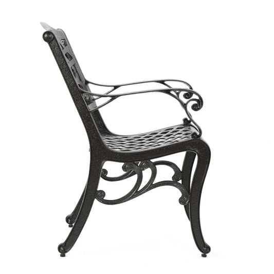 Phoenix Arm Chair set of 2 in bronze aluminum with ornate scrollwork back and lattice seat on Tampa Home & Garden Store