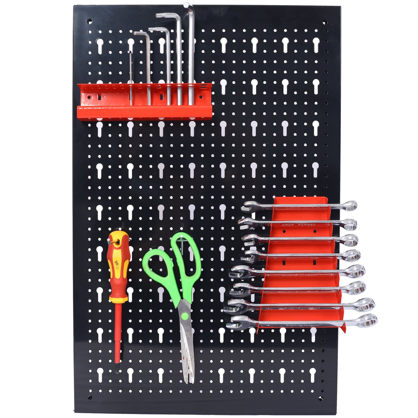 Metal nail-board tool rack on black pegboard with 3 nail-board tools and red organizer tray on Tampa Home & Garden Store