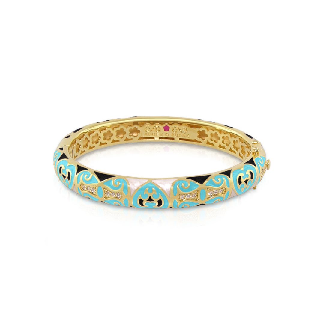 Bows and Hearts Bangle, Lauren G Adams, turquoise enamel, gold-tone band, crystal accents bracelet on Tampa Home & Garden Store