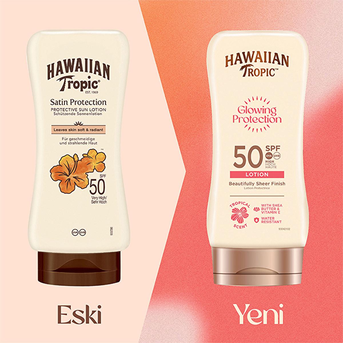 Hawaiian Tropic SPF 50 sunscreen duo Satin Protection and Glowing Protection in beige bottles on Tampa Home & Garden Store