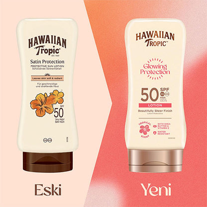 Hawaiian Tropic SPF 50 sunscreen duo Satin Protection and Glowing Protection in beige bottles on Tampa Home & Garden Store