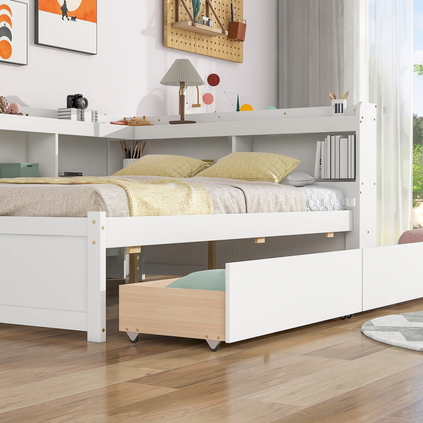 Full Bed with L-shaped Bookcases, Drawers ,White - Tampa Home & Garden Store