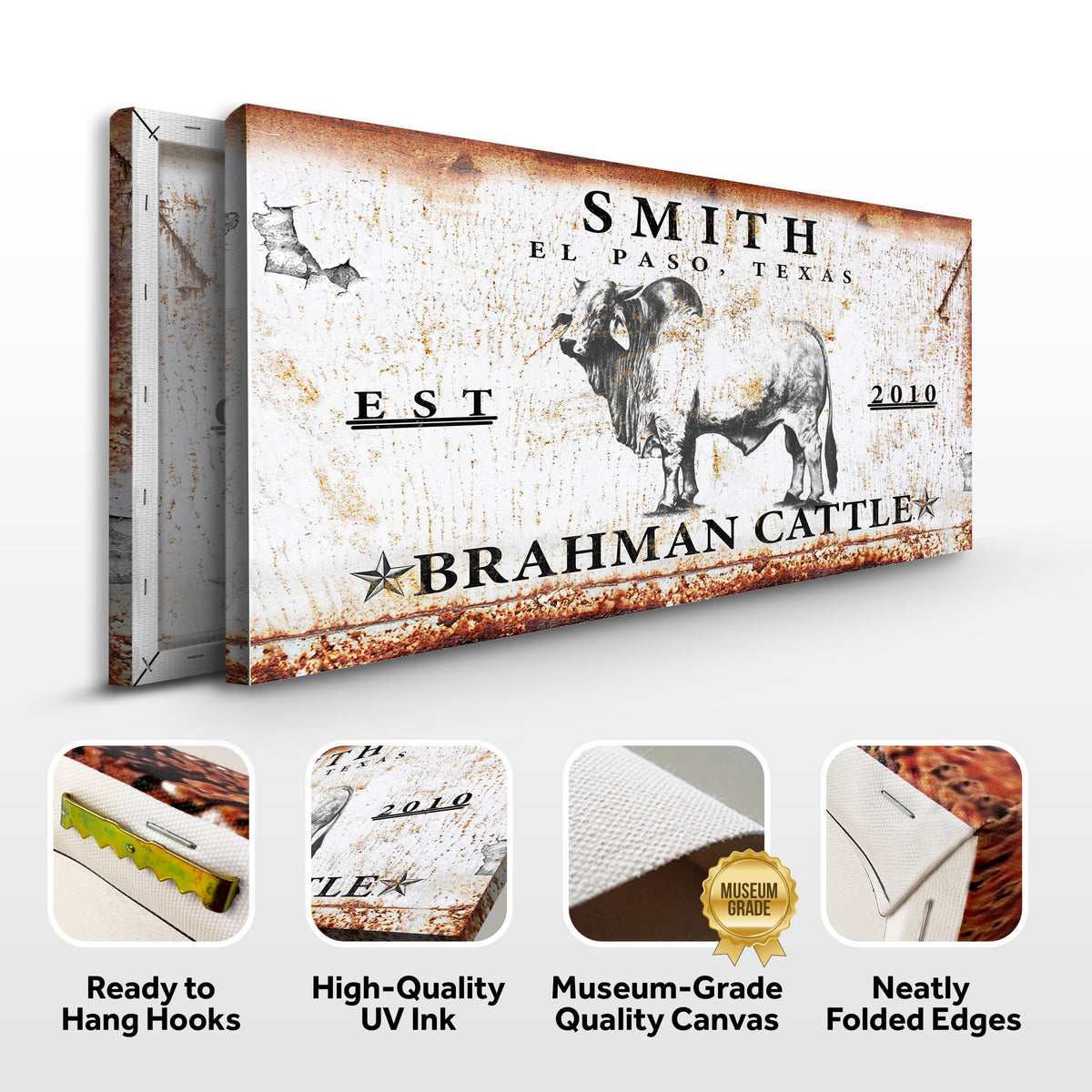 Brahman Cattle Sign canvas by Tailored Canvases, rustic distressed white with cattle on Tampa Home & Garden Store