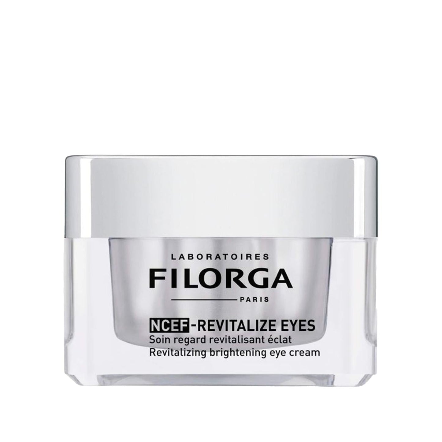 Filorga NCEF-Revitalize Eyes brightening eye cream in a sleek silver jar on Tampa Home & Garden Store