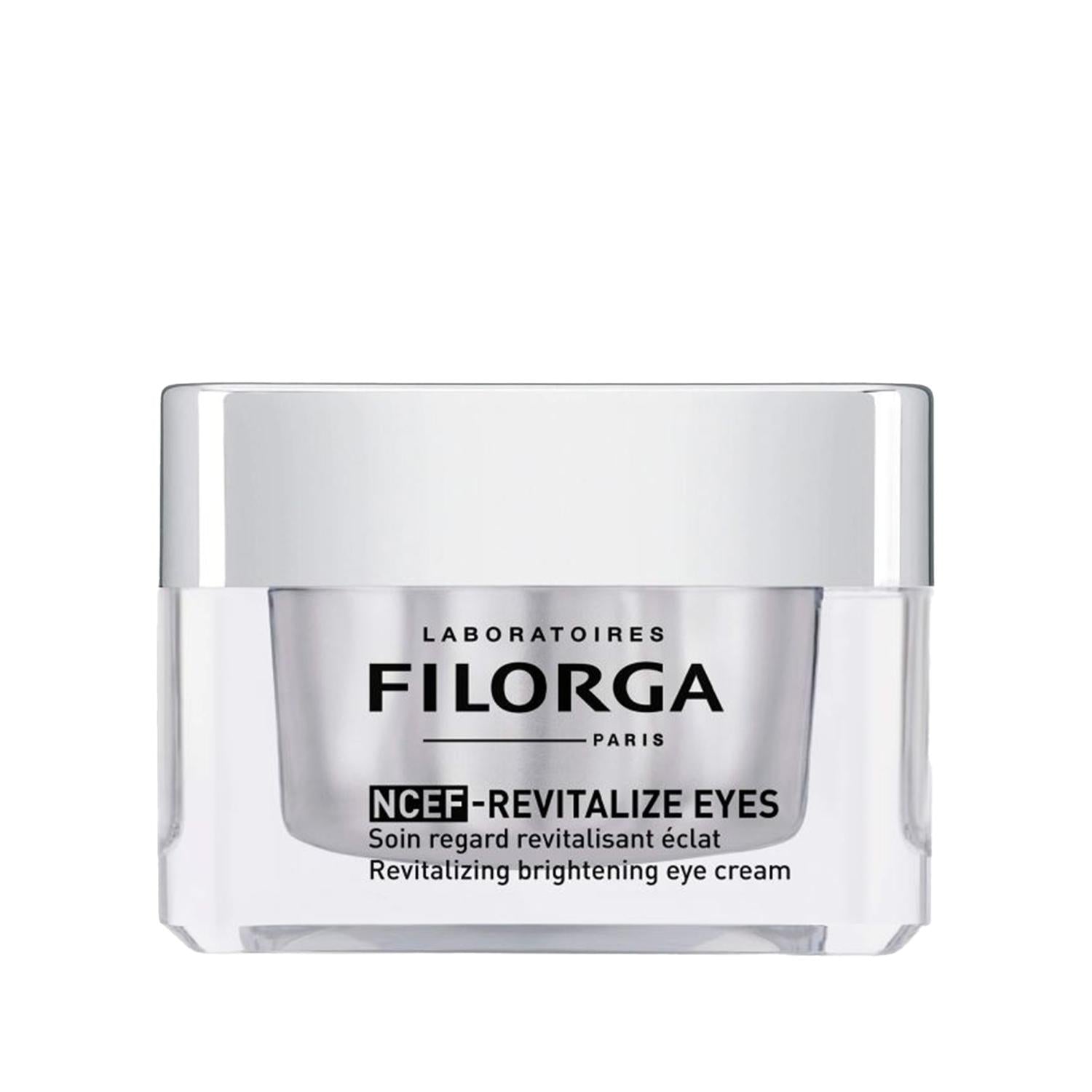 Filorga NCEF-Revitalize Eyes brightening eye cream in a sleek silver jar on Tampa Home & Garden Store