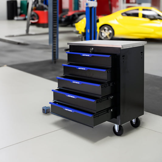 CARRO DE HERRAMIENTAS MULTIFUNCIONAL DE 5 CAJONES CON RUEDAS-NEGRO+AZUL