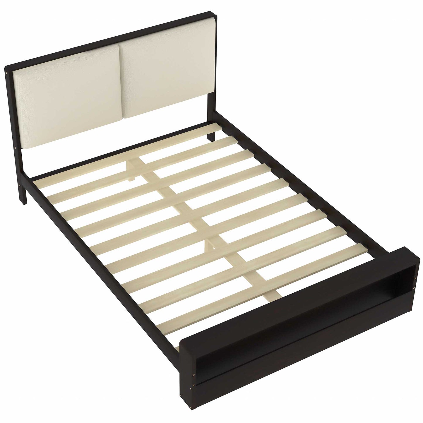 Queen Size Platform Bed Frame with Upholstery Headboard and Bookshelf in Footboard and LED Light Strips, Espresso - Tampa Home & Garden Store