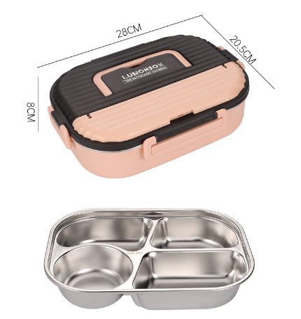 Microwaveable portable 304 stainless steel lunch box with peach body and black lid, divided tray on Tampa Home & Garden Store