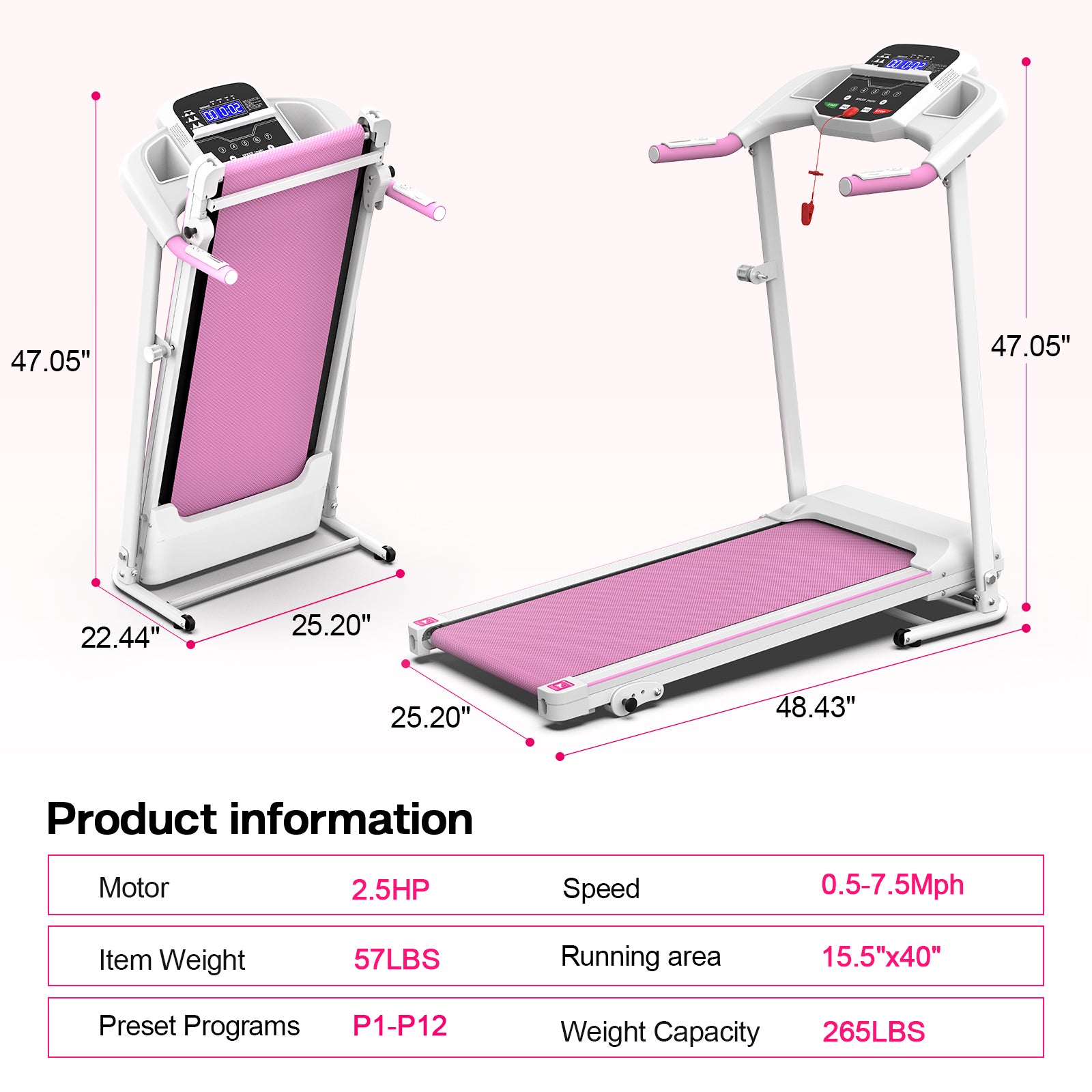 Foldable Treadmill 2.5HP Electric Folding Treadmill Running Walking Machine for Home Gym, Max 265 LBS Weight Capacity - Tampa Home & Garden Store
