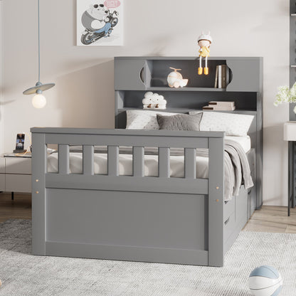 Twin Size Captain Platform Bed Frame with Storage Bookcases and Shelves,Four Drawers, Gray - Tampa Home & Garden Store