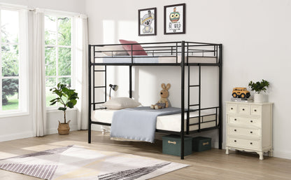 Double decker bed, size above twin bed, with 2 ladders and full-length guardrail, metal, storage space, black