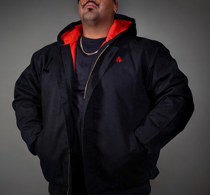 FR Black Insulated CAT3 Jacket bomber by Static FR with red lining, red chest logo on Tampa Home & Garden Store