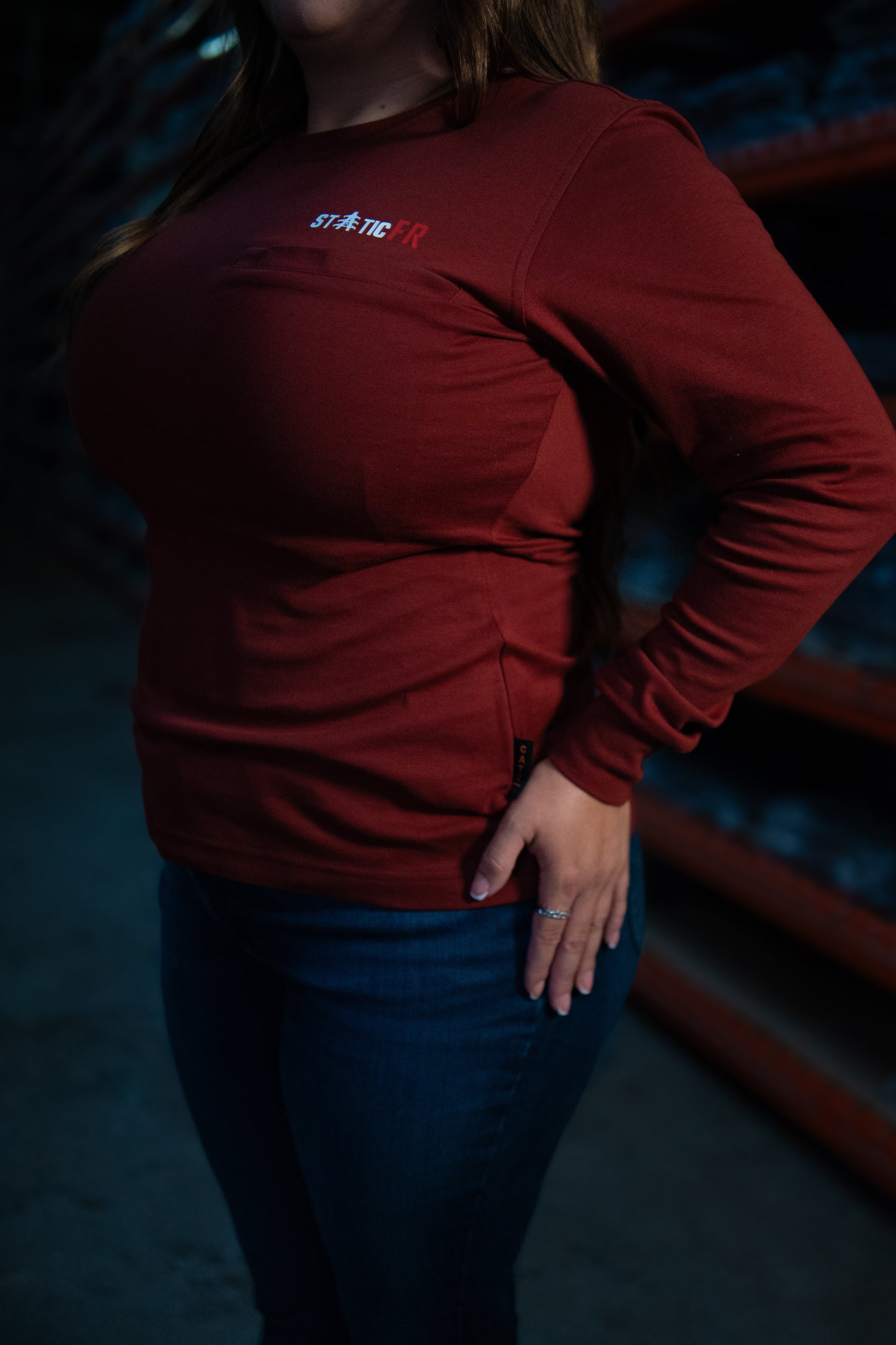 FR Women's Crew Neck wine red long-sleeve shirt by Static FR with chest logo on Tampa Home & Garden Store
