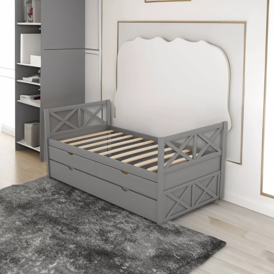 Gray daybed with trundle and two drawers, twin-size, gray frame with lattice panels on Tampa Home & Garden Store