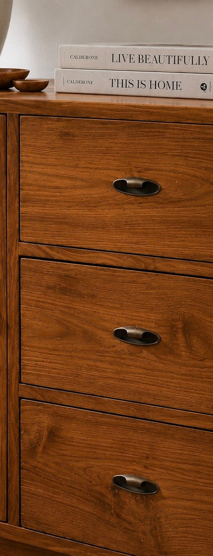 Recycled Teak 3-Drawer/1-Door Cabinet in warm brown with black metal pulls on Tampa Home & Garden Store