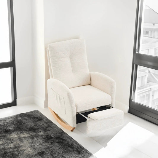 Accent Rubber Wood rocking chair with footrest in beige upholstery, wooden rockers on Tampa Home & Garden Store