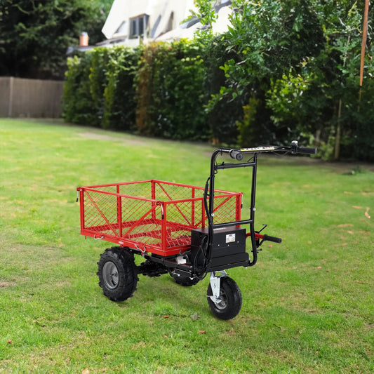 Electric wheelbarrow cart with red metal basket and black frame and handlebars on Tampa Home & Garden Store
