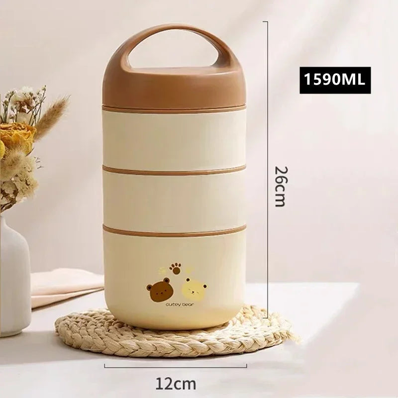 Three-tier stainless steel lunch box 1590ml with brown lid, beige body, bear print, leak-proof on Tampa Home & Garden Store