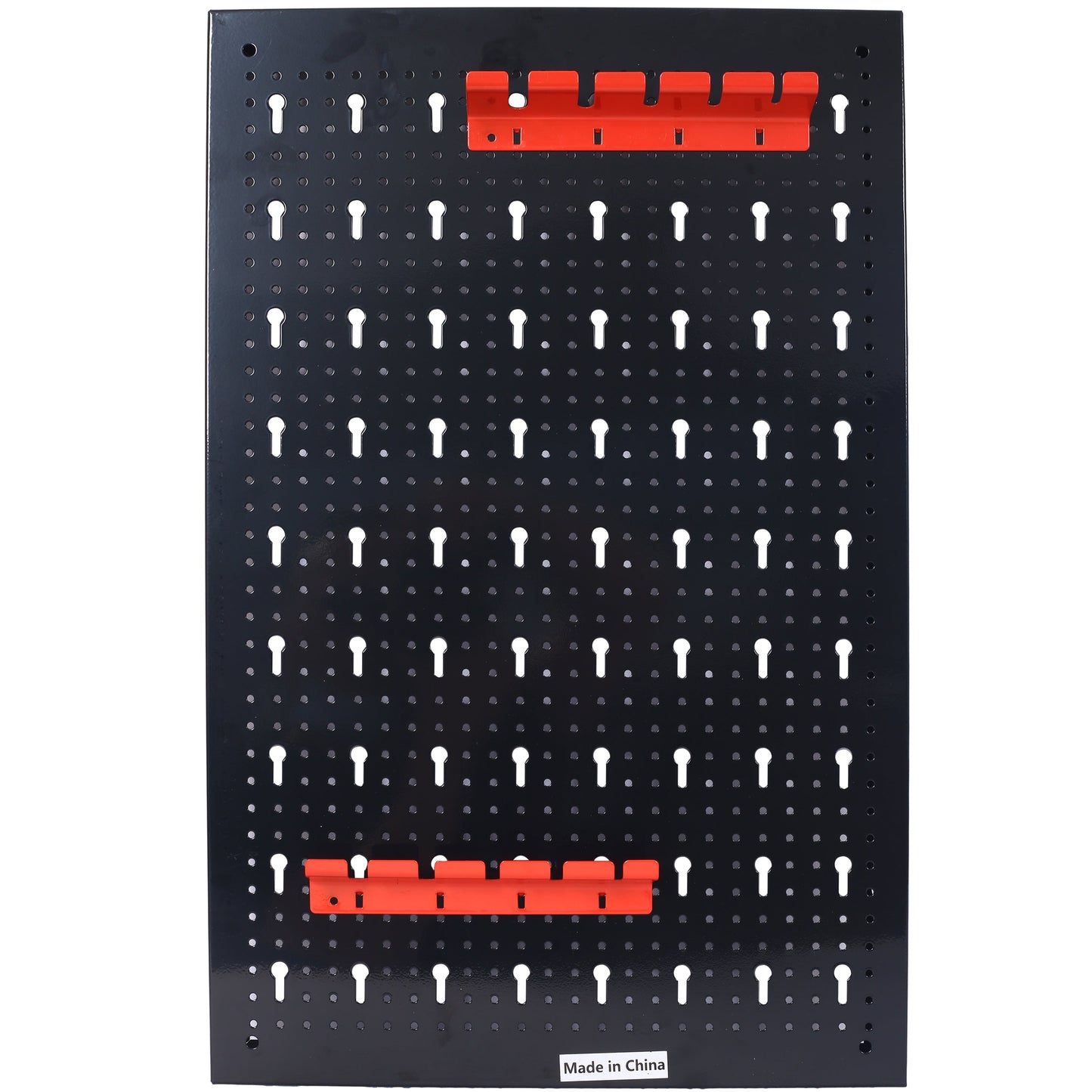 4-foot black metal pegboard with a red 3-slot nail board tool rack for garage wall storage on Tampa Home & Garden Store