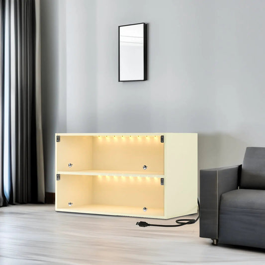 Off white glass-door shoe cabinet with RGB LED lighting, two shelves, beige finish, metal knobs on Tampa Home & Garden Store
