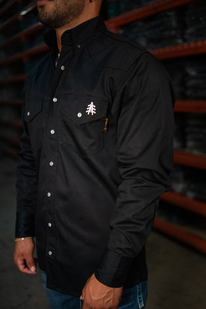 FR Western Style Pearl Snap Shirt Black by Static FR with white left chest logo on Tampa Home & Garden Store