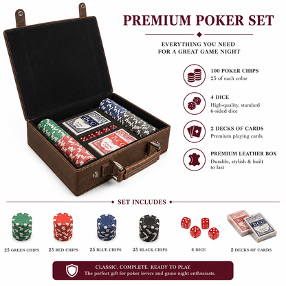 Texas A&M licensed poker set in a brown leather case with 100 chips, 2 decks and 4 dice on Tampa Home & Garden Store