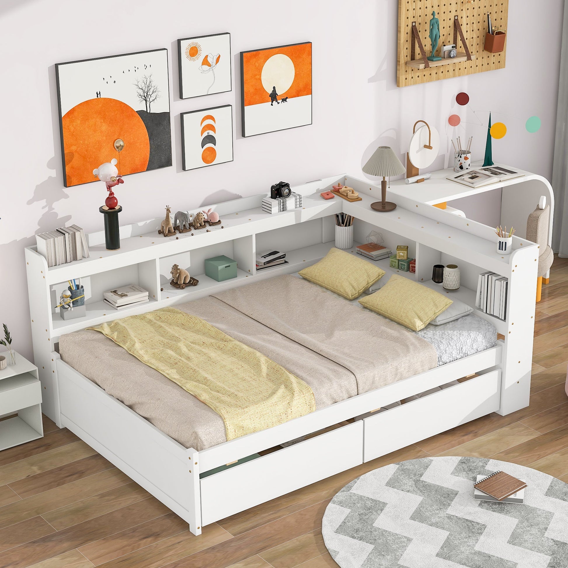 Full Bed with L-shaped Bookcases, Drawers ,White - Tampa Home & Garden Store