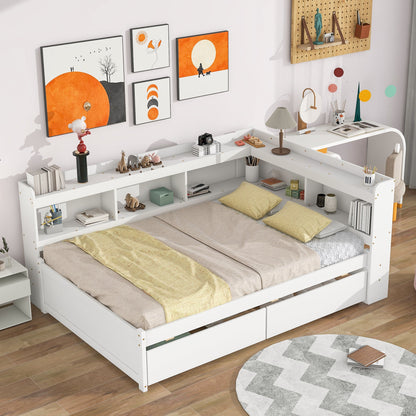 Full Bed with L-shaped Bookcases, Drawers ,White - Tampa Home & Garden Store