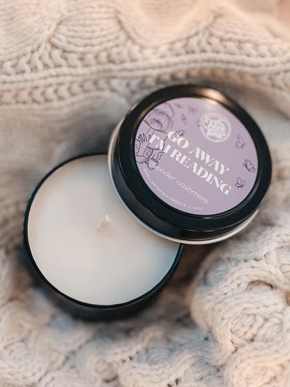 Go Away I'm Reading candle 4 oz, purple label on black tin by In the Wick of Time on Tampa Home & Garden Store