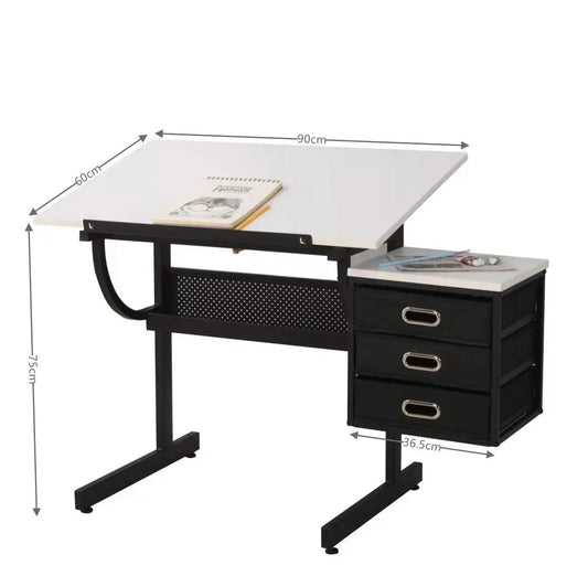 White adjustable drafting table with tilting top and a black 3-drawer side cabinet on Tampa Home & Garden Store