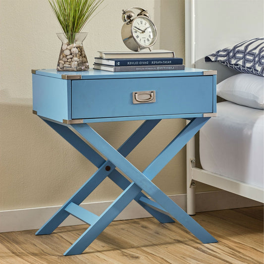 Mesa de noche de dormitorio moderna de 1 cajón con acabado azul