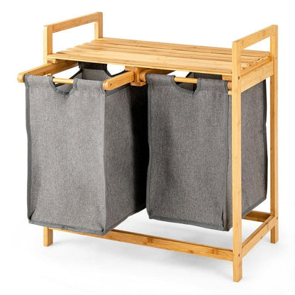 Cesto doble para la ropa sucia deslizante de bambú natural con estante de almacenamiento