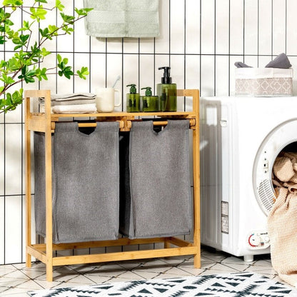 Cesto doble para la ropa sucia deslizante de bambú natural con estante de almacenamiento