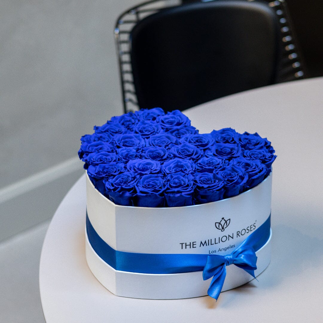 Heart White Box with royal blue eternity roses by The Million Roses, blue ribbon bow on Tampa Home & Garden Store